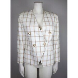 VINTAGE WOMEN'S WHITE & BEIGE PLAID DOUBLE-BREASTED BLAZER - HBS - SIZE 4P